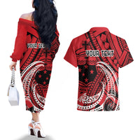 Custom Samoa Manuia le 62 Tausaga O le Tutoatasi Couples Matching Off The Shoulder Long Sleeve Dress and Hawaiian Shirt Samoan Tatau Red Art LT9 - Polynesian Pride