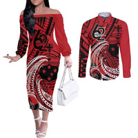 Custom Samoa Manuia le 62 Tausaga O le Tutoatasi Couples Matching Off The Shoulder Long Sleeve Dress and Long Sleeve Button Shirt Samoan Tatau Red Art LT9 Red - Polynesian Pride