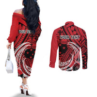 Custom Samoa Manuia le 62 Tausaga O le Tutoatasi Couples Matching Off The Shoulder Long Sleeve Dress and Long Sleeve Button Shirt Samoan Tatau Red Art LT9 - Polynesian Pride