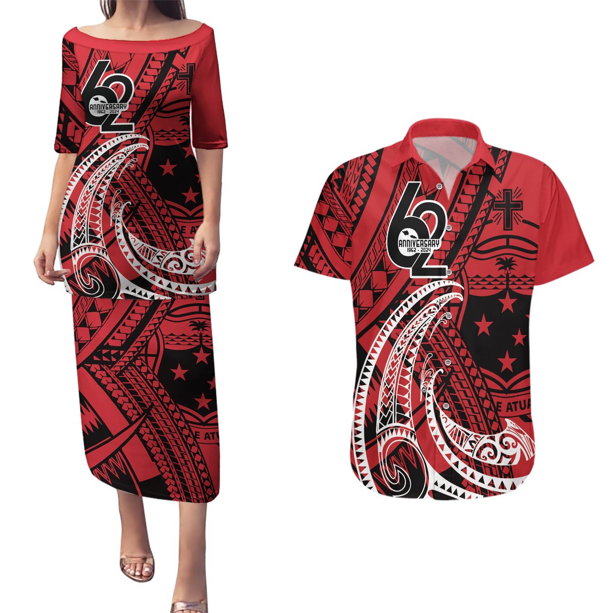 Custom Samoa Manuia le 62 Tausaga O le Tutoatasi Couples Matching Puletasi and Hawaiian Shirt Samoan Tatau Red Art LT9 Red - Polynesian Pride