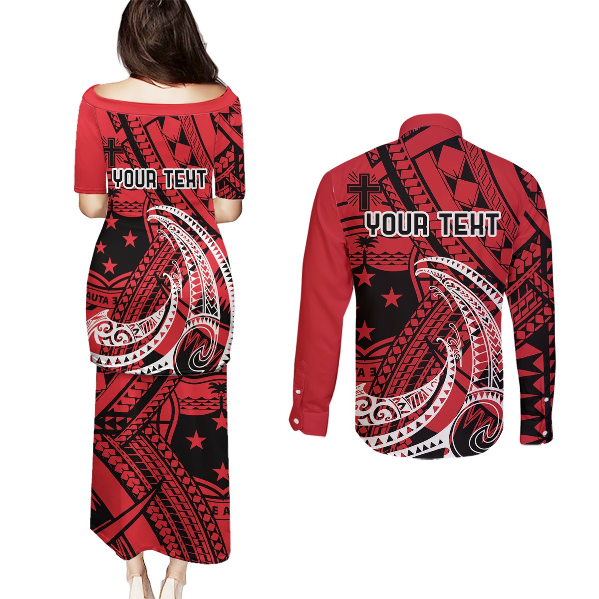 Custom Samoa Manuia le 62 Tausaga O le Tutoatasi Couples Matching Puletasi and Long Sleeve Button Shirt Samoan Tatau Red Art LT9 - Polynesian Pride