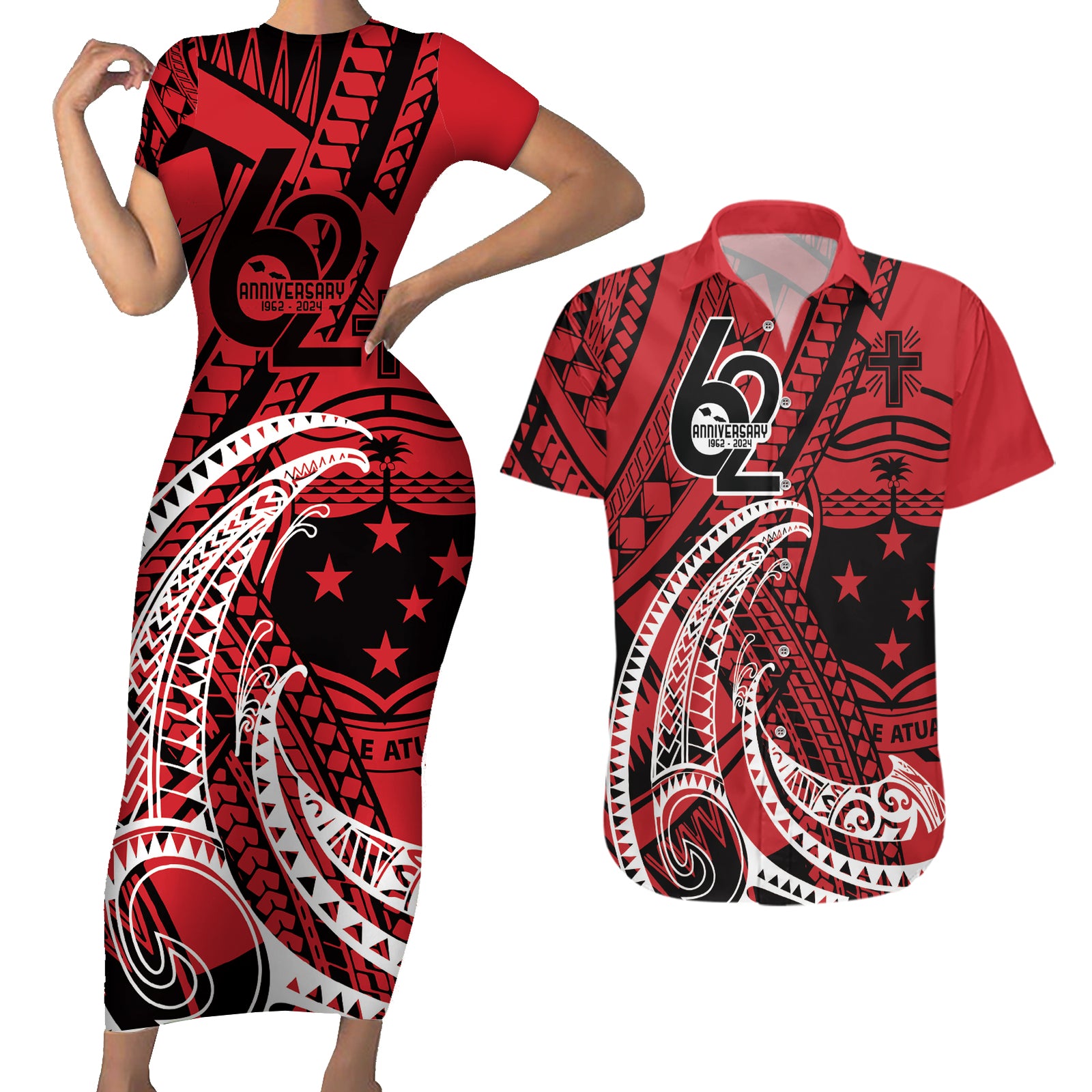 Custom Samoa Manuia le 62 Tausaga O le Tuto’atasi Couples Matching Short Sleeve Bodycon Dress and Hawaiian Shirt Samoan Tatau Red Art