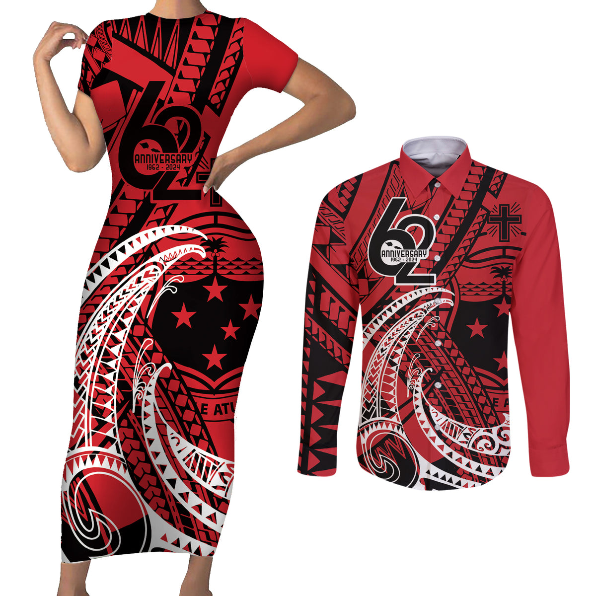 Custom Samoa Manuia le 62 Tausaga O le Tutoatasi Couples Matching Short Sleeve Bodycon Dress and Long Sleeve Button Shirt Samoan Tatau Red Art LT9 Red - Polynesian Pride