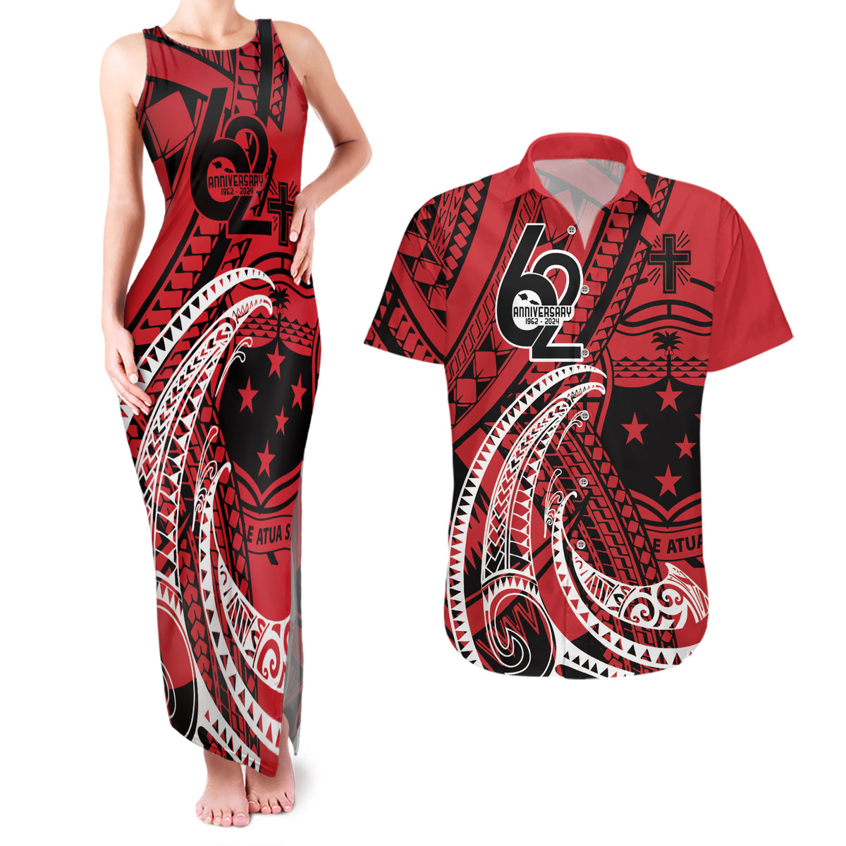 Custom Samoa Manuia le 62 Tausaga O le Tutoatasi Couples Matching Tank Maxi Dress and Hawaiian Shirt Samoan Tatau Red Art LT9 Red - Polynesian Pride