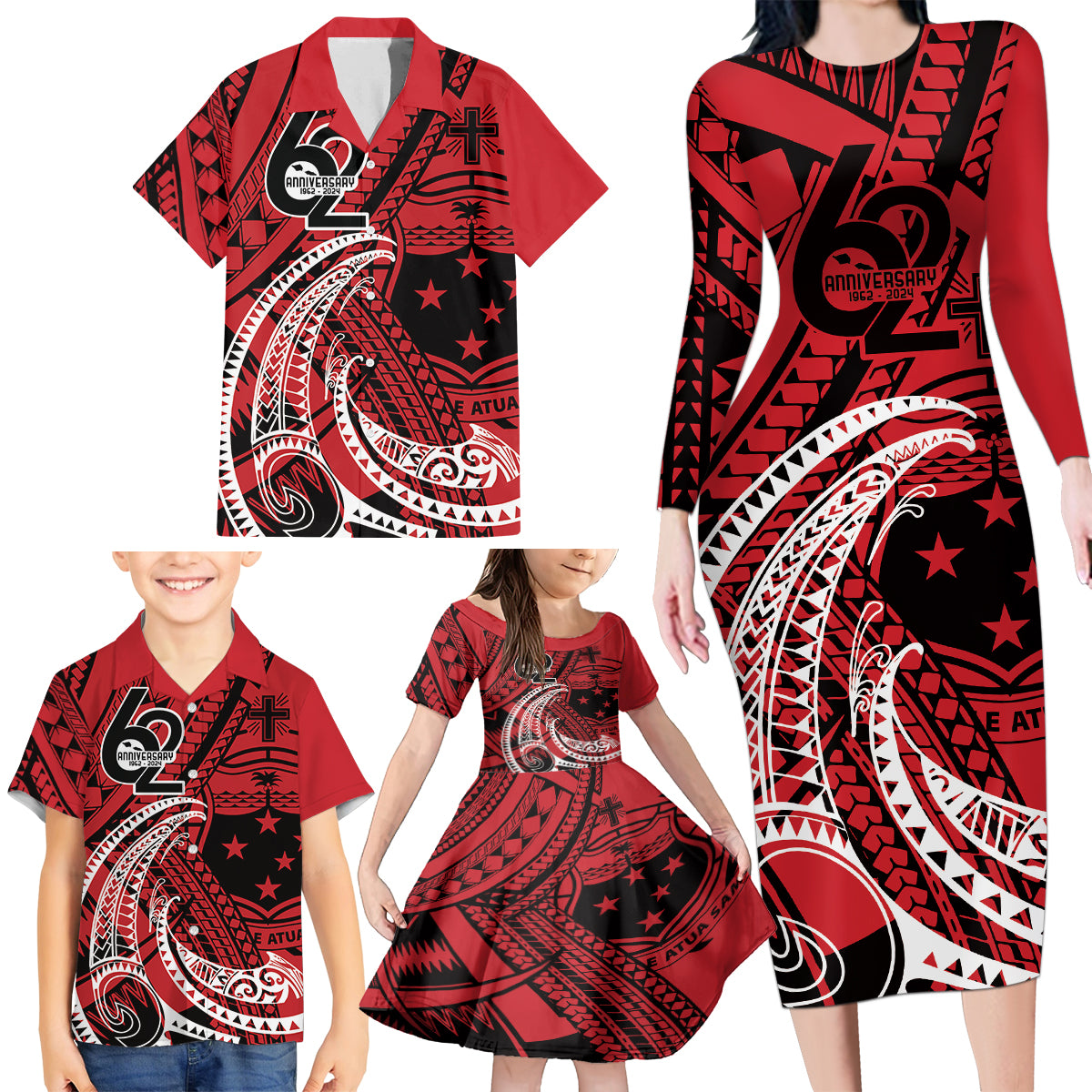 Custom Samoa Manuia le 62 Tausaga O le Tutoatasi Family Matching Long Sleeve Bodycon Dress and Hawaiian Shirt Samoan Tatau Red Art LT9 - Polynesian Pride