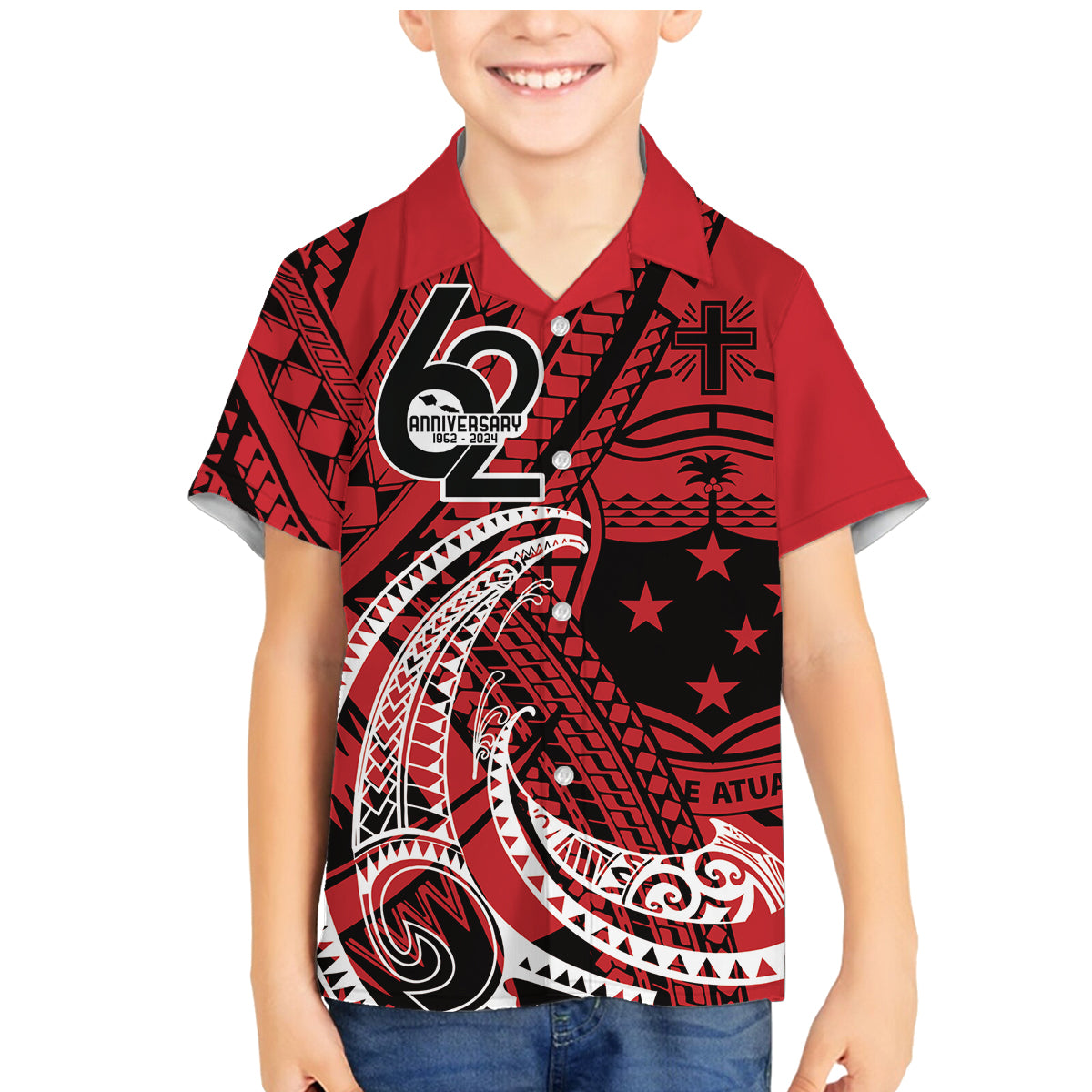 Custom Samoa Manuia le 62 Tausaga O le Tutoatasi Family Matching Mermaid Dress and Hawaiian Shirt Samoan Tatau Red Art LT9 Son's Shirt Red - Polynesian Pride