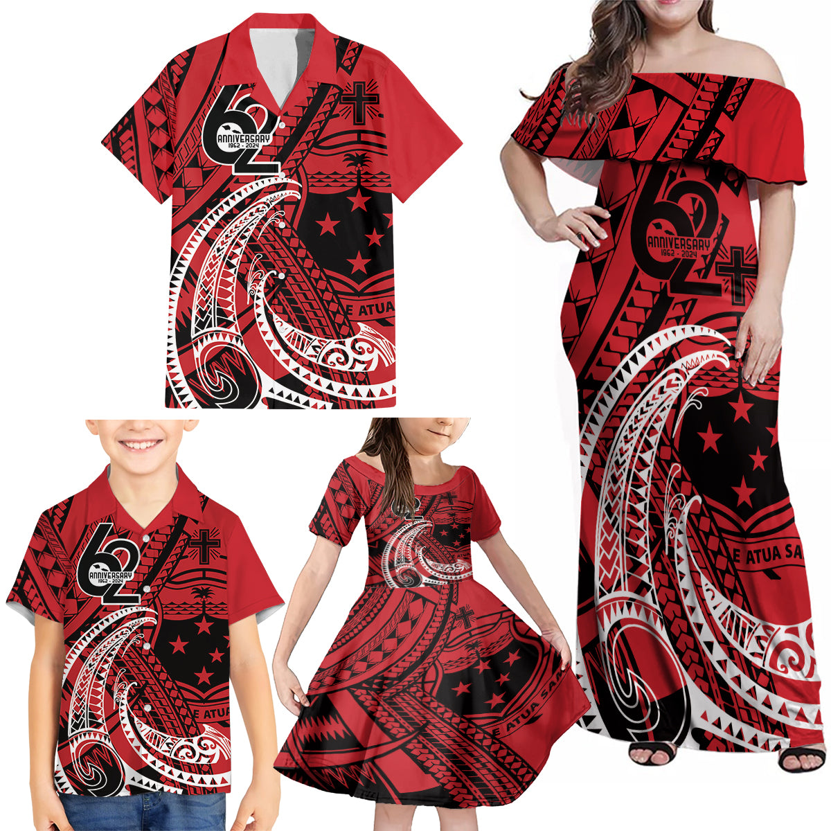 Custom Samoa Manuia le 62 Tausaga O le Tutoatasi Family Matching Off Shoulder Maxi Dress and Hawaiian Shirt Samoan Tatau Red Art LT9 - Polynesian Pride