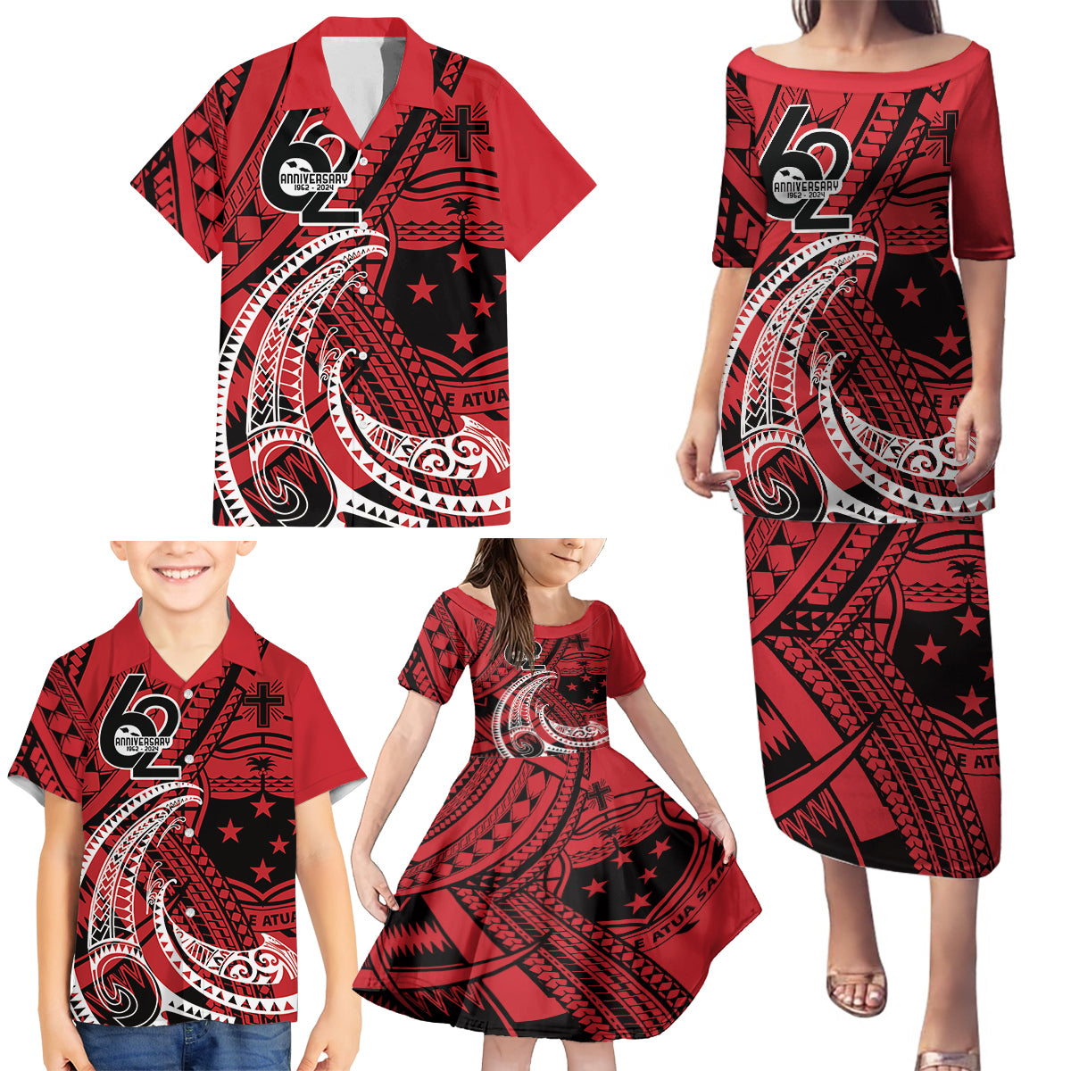 Custom Samoa Manuia le 62 Tausaga O le Tutoatasi Family Matching Puletasi and Hawaiian Shirt Samoan Tatau Red Art LT9 - Polynesian Pride