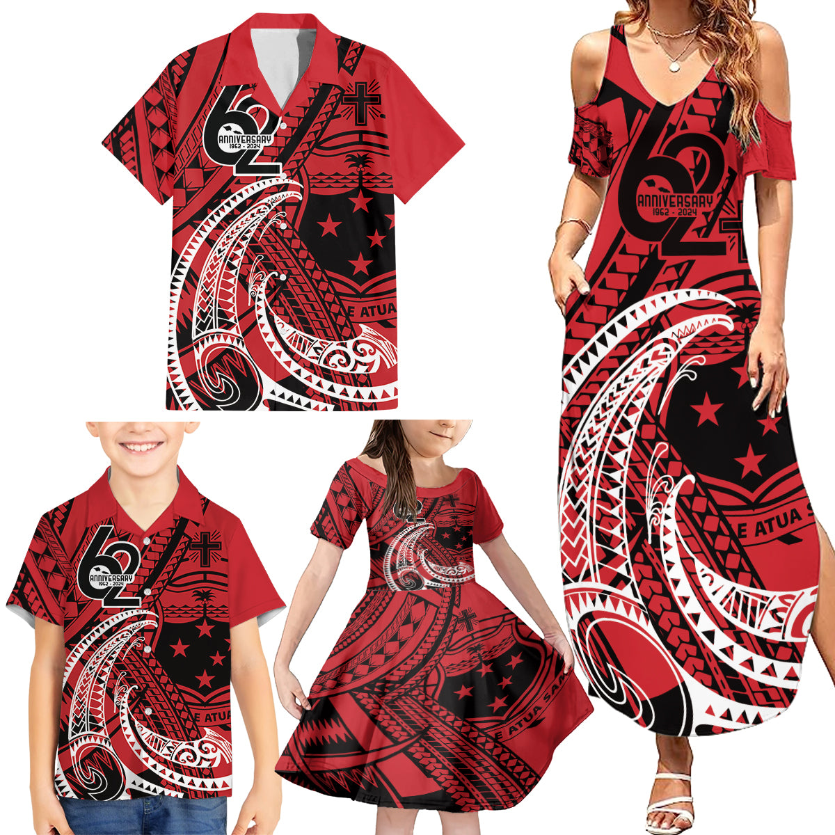 Custom Samoa Manuia le 62 Tausaga O le Tutoatasi Family Matching Summer Maxi Dress and Hawaiian Shirt Samoan Tatau Red Art LT9 - Polynesian Pride