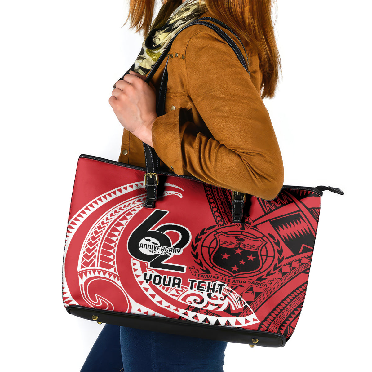 Custom Samoa Manuia le 62 Tausaga O le Tutoatasi Leather Tote Bag Samoan Tatau Red Art LT9 Red - Polynesian Pride