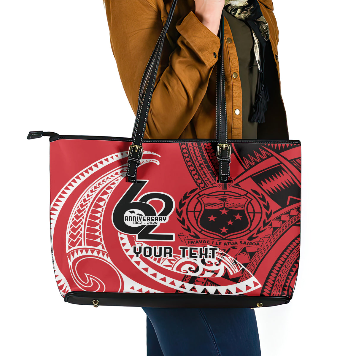 Custom Samoa Manuia le 62 Tausaga O le Tutoatasi Leather Tote Bag Samoan Tatau Red Art LT9 - Polynesian Pride
