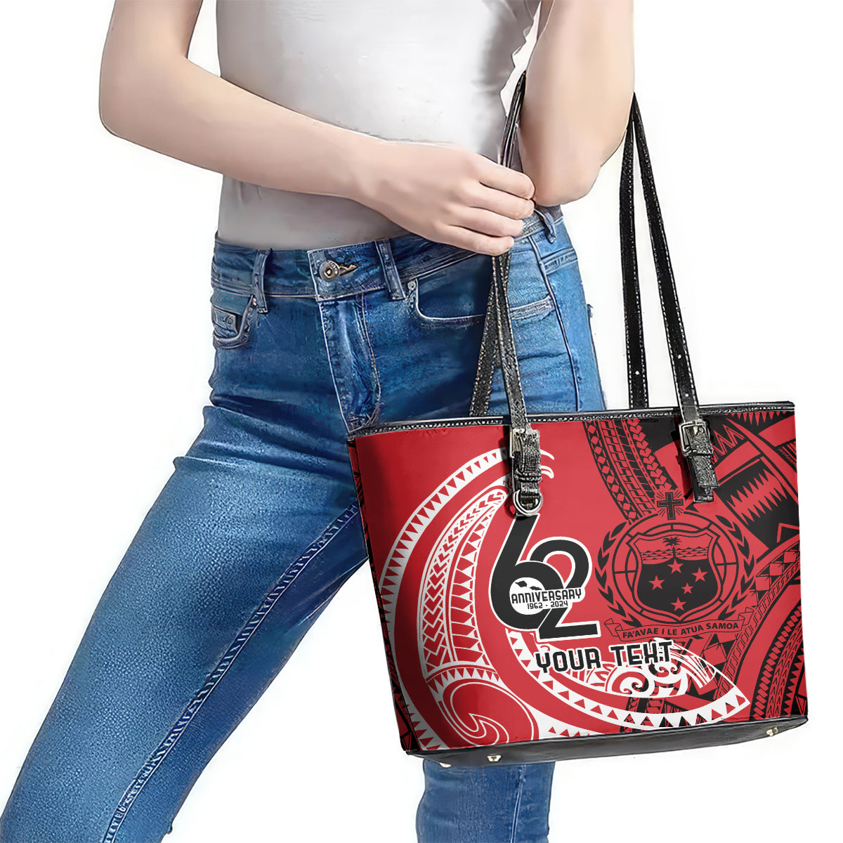 Custom Samoa Manuia le 62 Tausaga O le Tutoatasi Leather Tote Bag Samoan Tatau Red Art LT9 - Polynesian Pride
