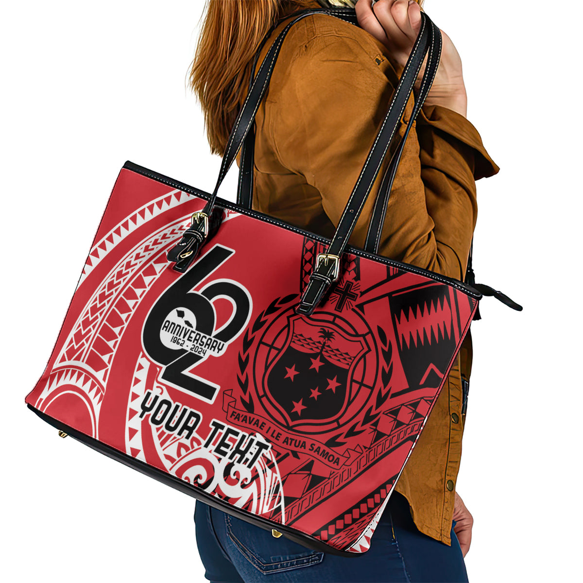 Custom Samoa Manuia le 62 Tausaga O le Tutoatasi Leather Tote Bag Samoan Tatau Red Art LT9 - Polynesian Pride