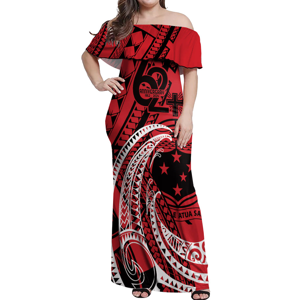 Custom Samoa Manuia le 62 Tausaga O le Tutoatasi Off Shoulder Maxi Dress Samoan Tatau Red Art LT9 Women Red - Polynesian Pride