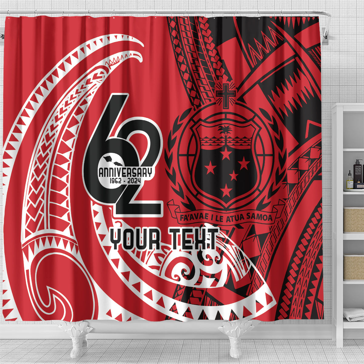 Custom Samoa Manuia le 62 Tausaga O le Tutoatasi Shower Curtain Samoan Tatau Red Art LT9 - Polynesian Pride