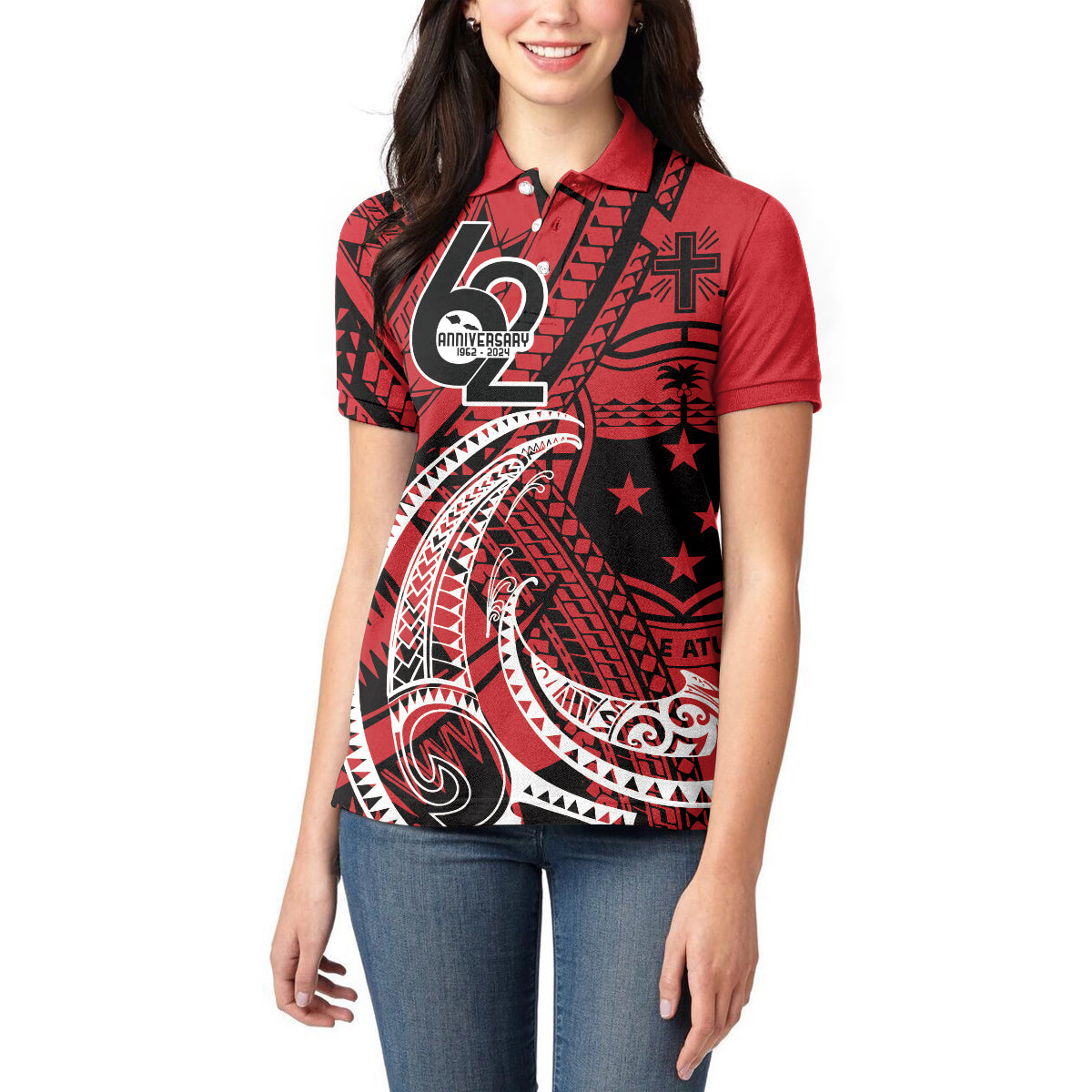Custom Samoa Manuia le 62 Tausaga O le Tutoatasi Women Polo Shirt Samoan Tatau Red Art LT9 - Polynesian Pride