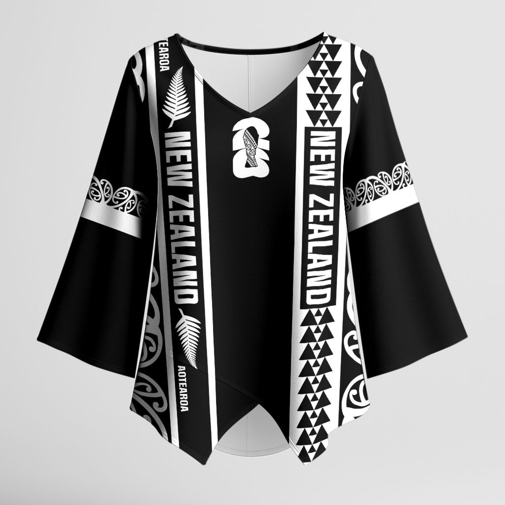 Custom New Zealand Football White Fern Supporter Kimono Sleeve Blouse LT9 Female Black - Polynesian Pride