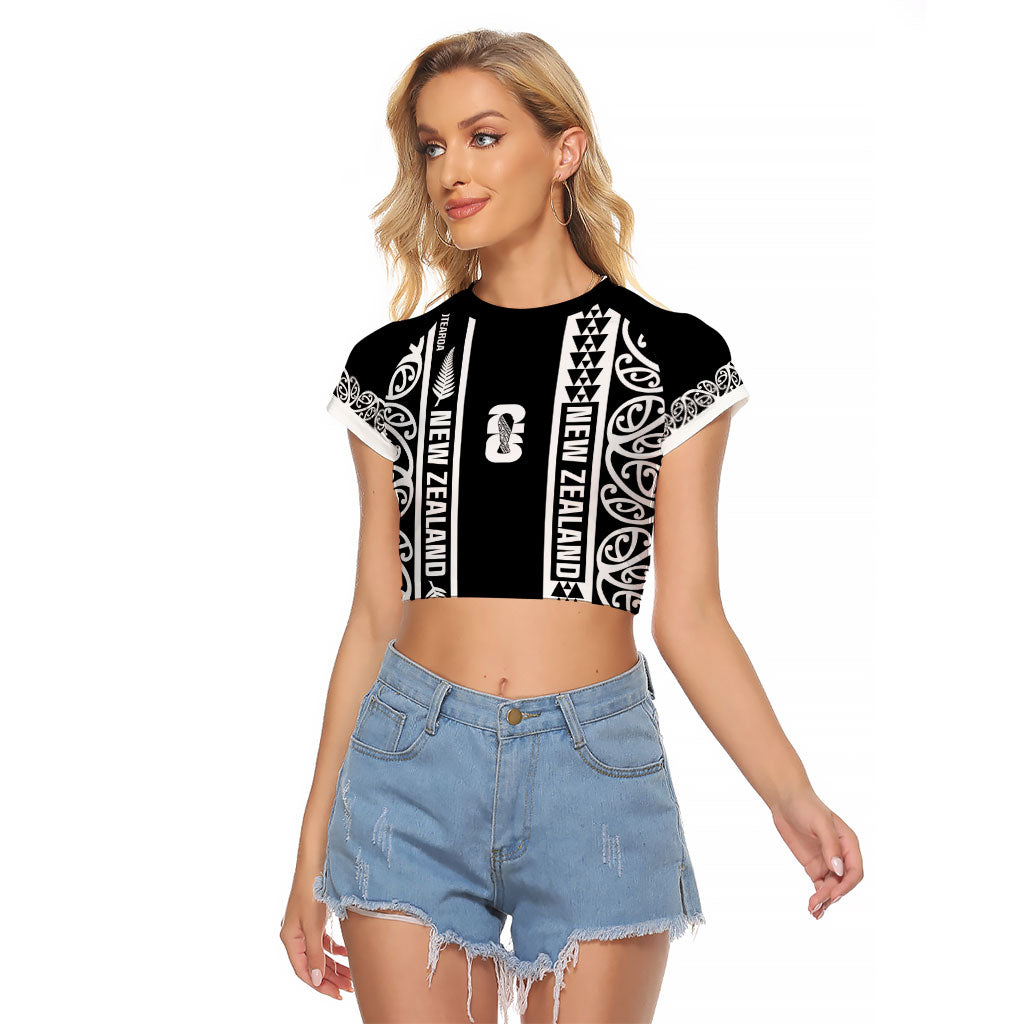 Custom New Zealand Football White Fern Supporter Raglan Cropped T Shirt LT9 Female Black - Polynesian Pride