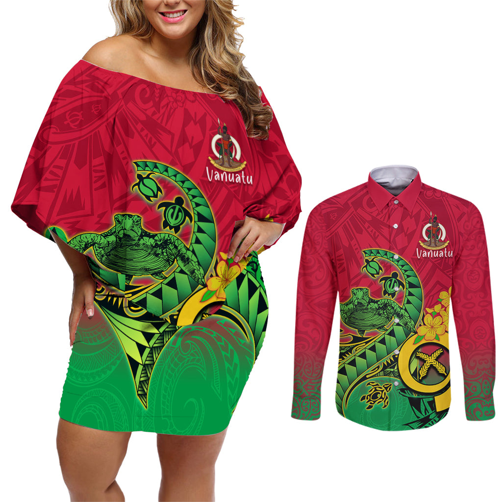 Vanuatu Islands Couples Matching Off Shoulder Short Dress and Long Sleeve Button Shirts Polynesian Tattoo and Sea Turtle LT9 Green - Polynesian Pride