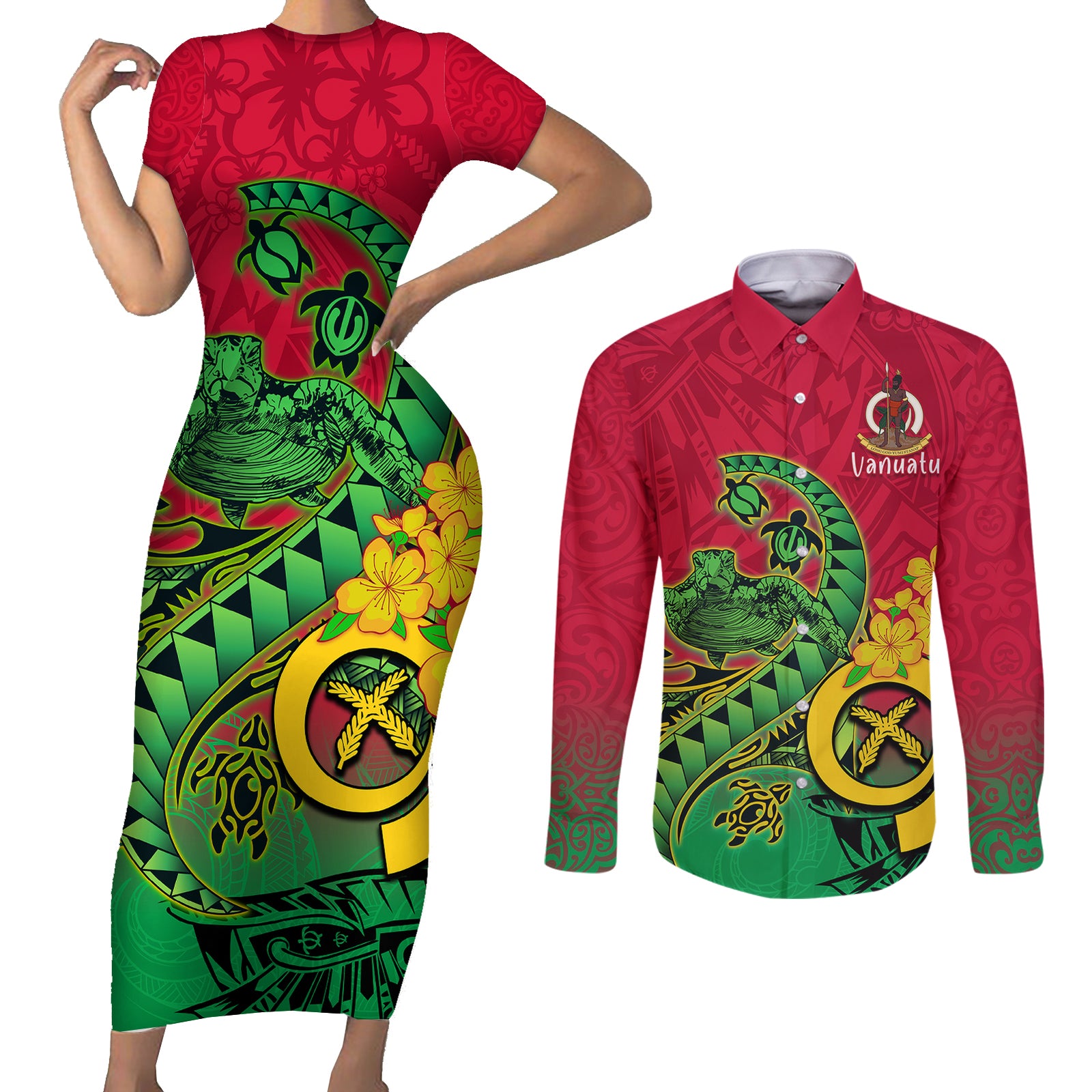 Vanuatu Islands Couples Matching Short Sleeve Bodycon Dress and Long Sleeve Button Shirts Polynesian Tattoo and Sea Turtle LT9 Green - Polynesian Pride