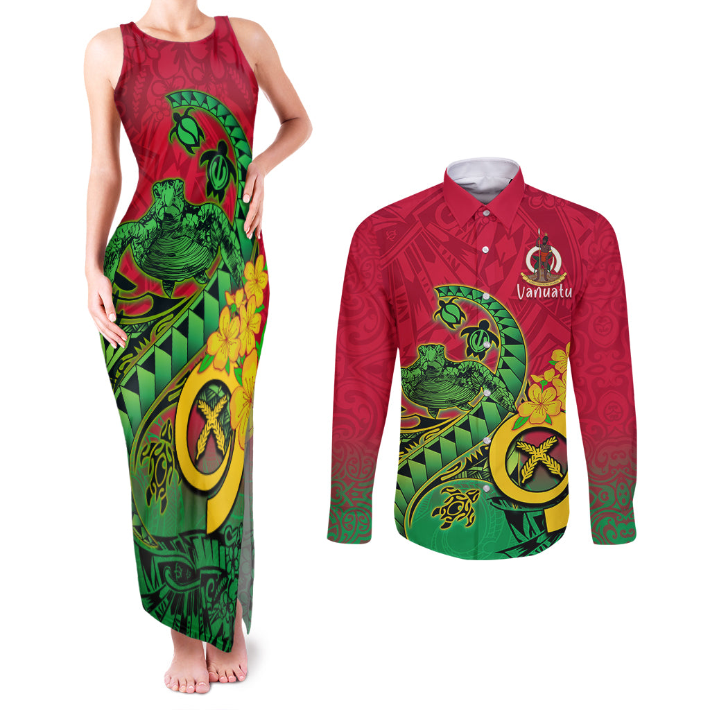 Vanuatu Islands Couples Matching Tank Maxi Dress and Long Sleeve Button Shirts Polynesian Tattoo and Sea Turtle LT9 Green - Polynesian Pride