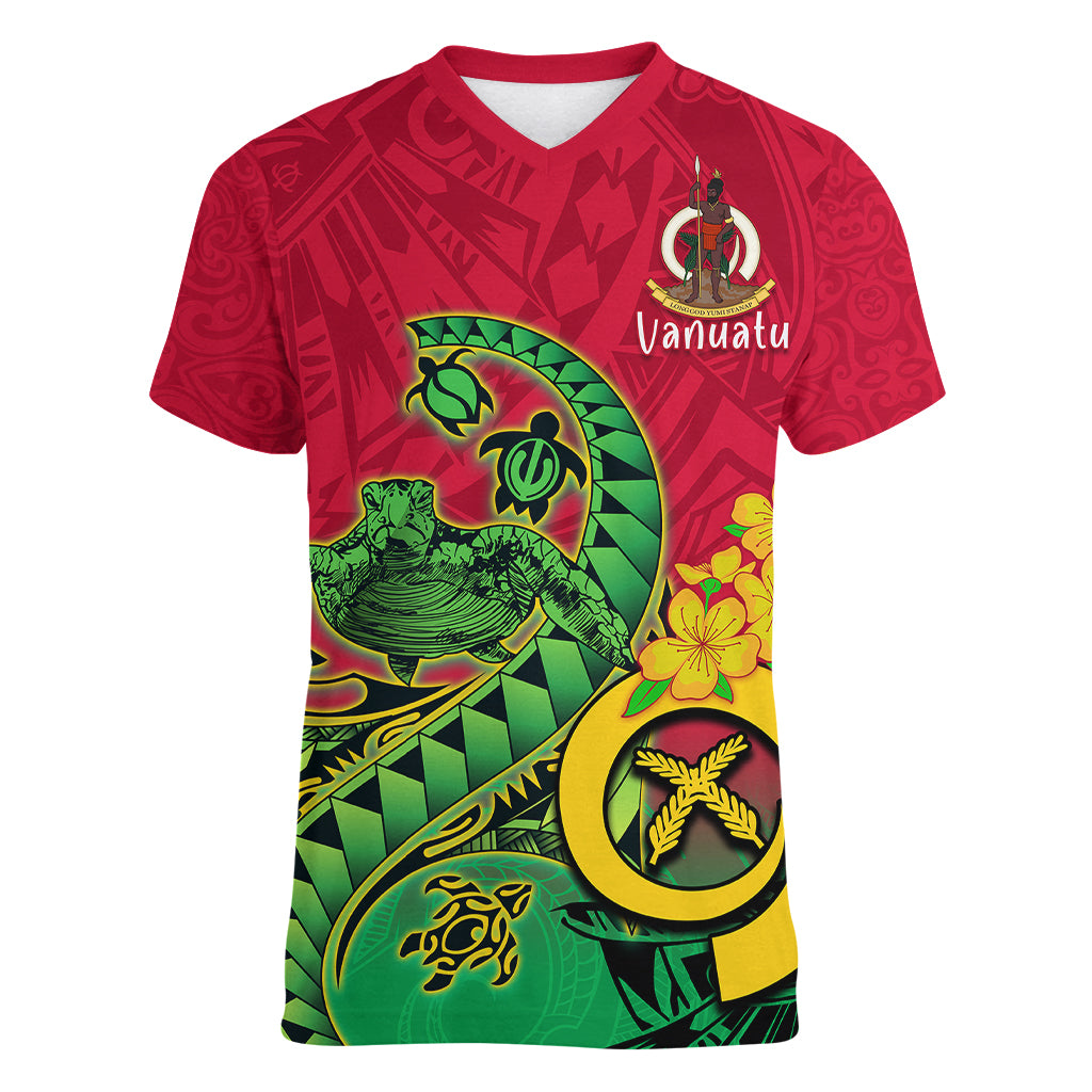 Personalised Vanuatu Islands Women V Neck T Shirt Polynesian Tattoo and Sea Turtle LT9 Female Green - Polynesian Pride