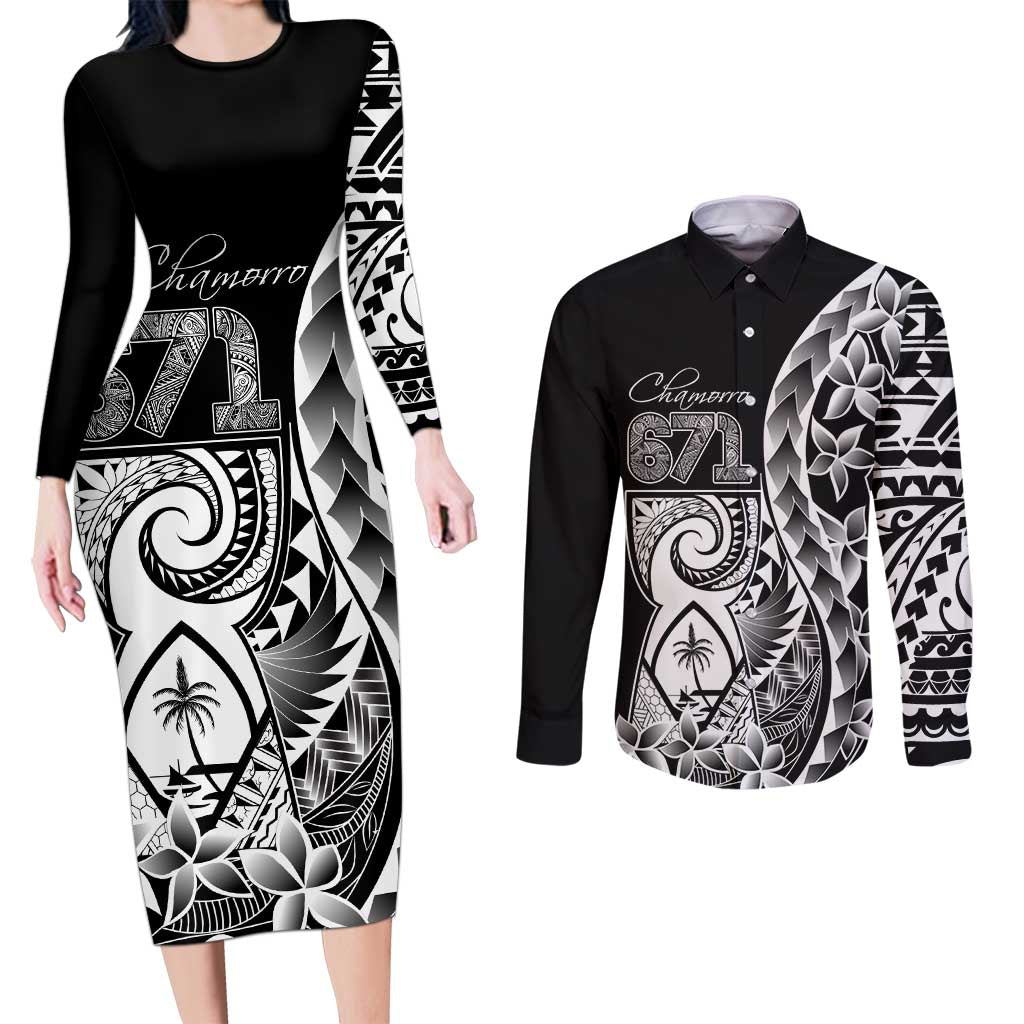 671 Guam Personalised Couples Matching Long Sleeve Bodycon Dress and Long Sleeve Button Shirt Latte Stone Tribal LT9 Black - Polynesian Pride