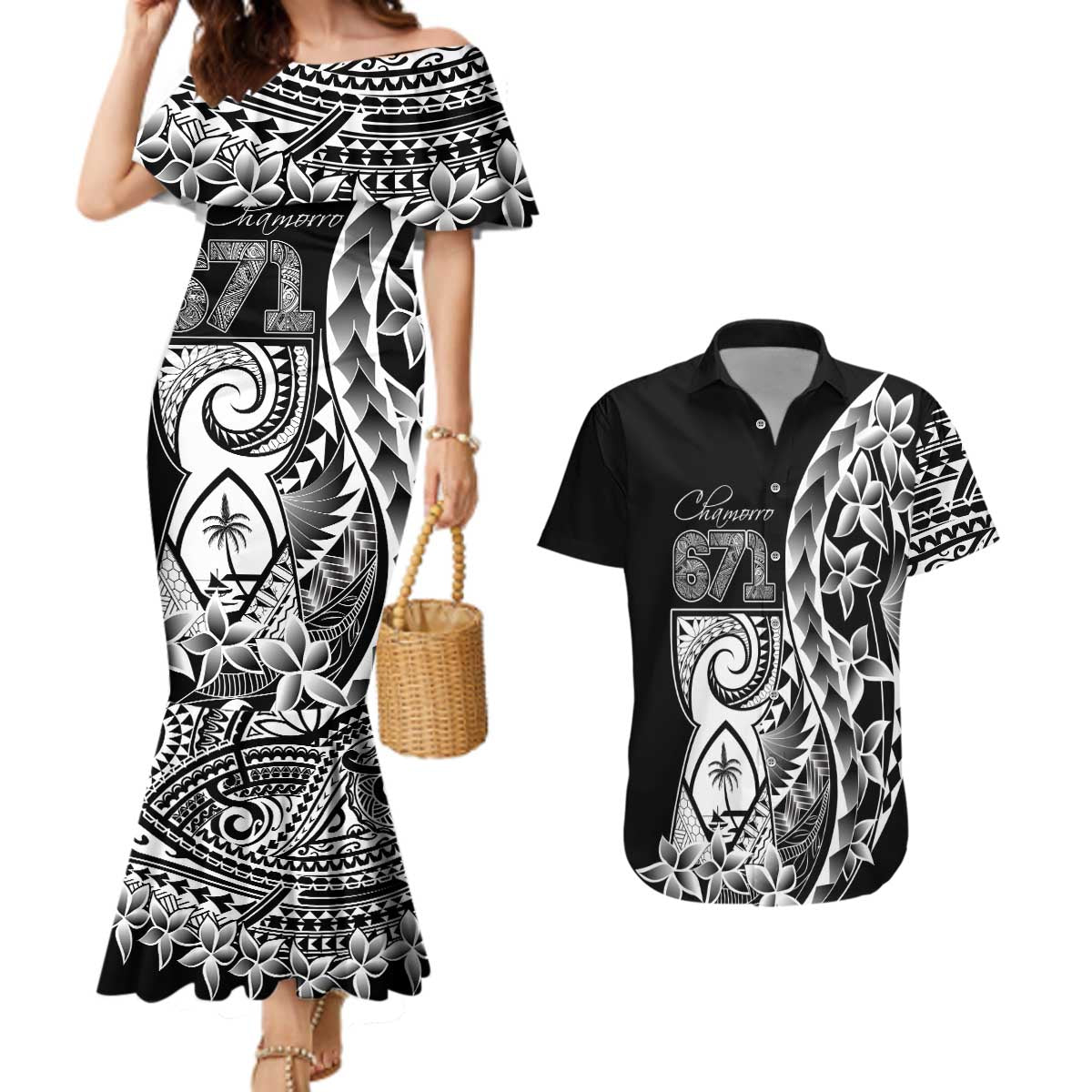 671 Guam Personalised Couples Matching Mermaid Dress and Hawaiian Shirt Latte Stone Tribal LT9 Black - Polynesian Pride