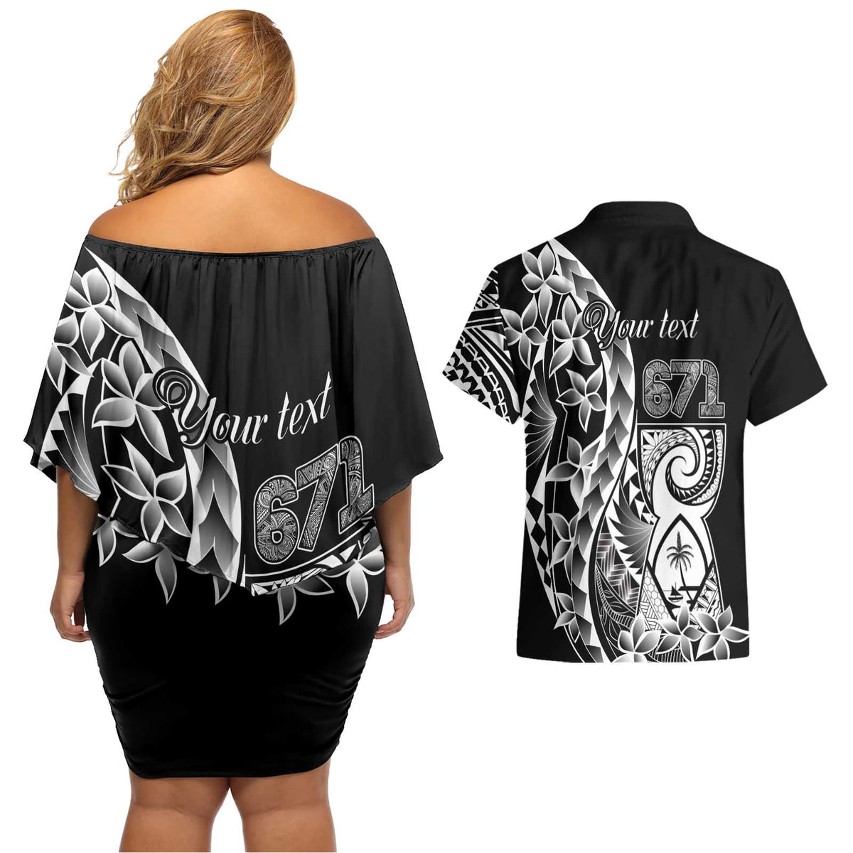 671 Guam Personalised Couples Matching Off Shoulder Short Dress and Hawaiian Shirt Latte Stone Tribal LT9 - Polynesian Pride
