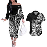 671 Guam Personalised Couples Matching Off The Shoulder Long Sleeve Dress and Hawaiian Shirt Latte Stone Tribal LT9 Black - Polynesian Pride