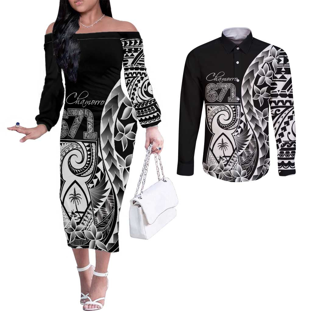 671 Guam Personalised Couples Matching Off The Shoulder Long Sleeve Dress and Long Sleeve Button Shirt Latte Stone Tribal LT9 Black - Polynesian Pride