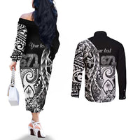 671 Guam Personalised Couples Matching Off The Shoulder Long Sleeve Dress and Long Sleeve Button Shirt Latte Stone Tribal LT9 - Polynesian Pride