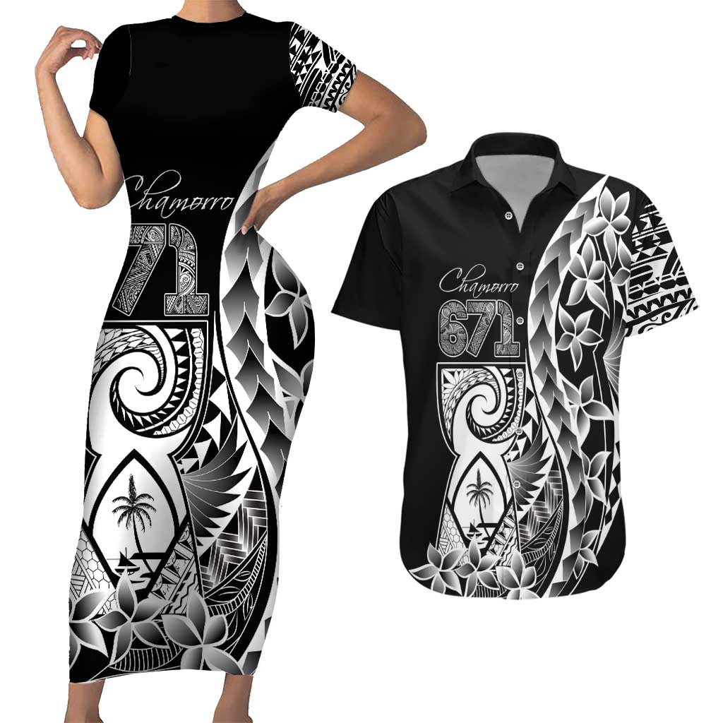 671 Guam Personalised Couples Matching Short Sleeve Bodycon Dress and Hawaiian Shirt Latte Stone Tribal LT9 Black - Polynesian Pride