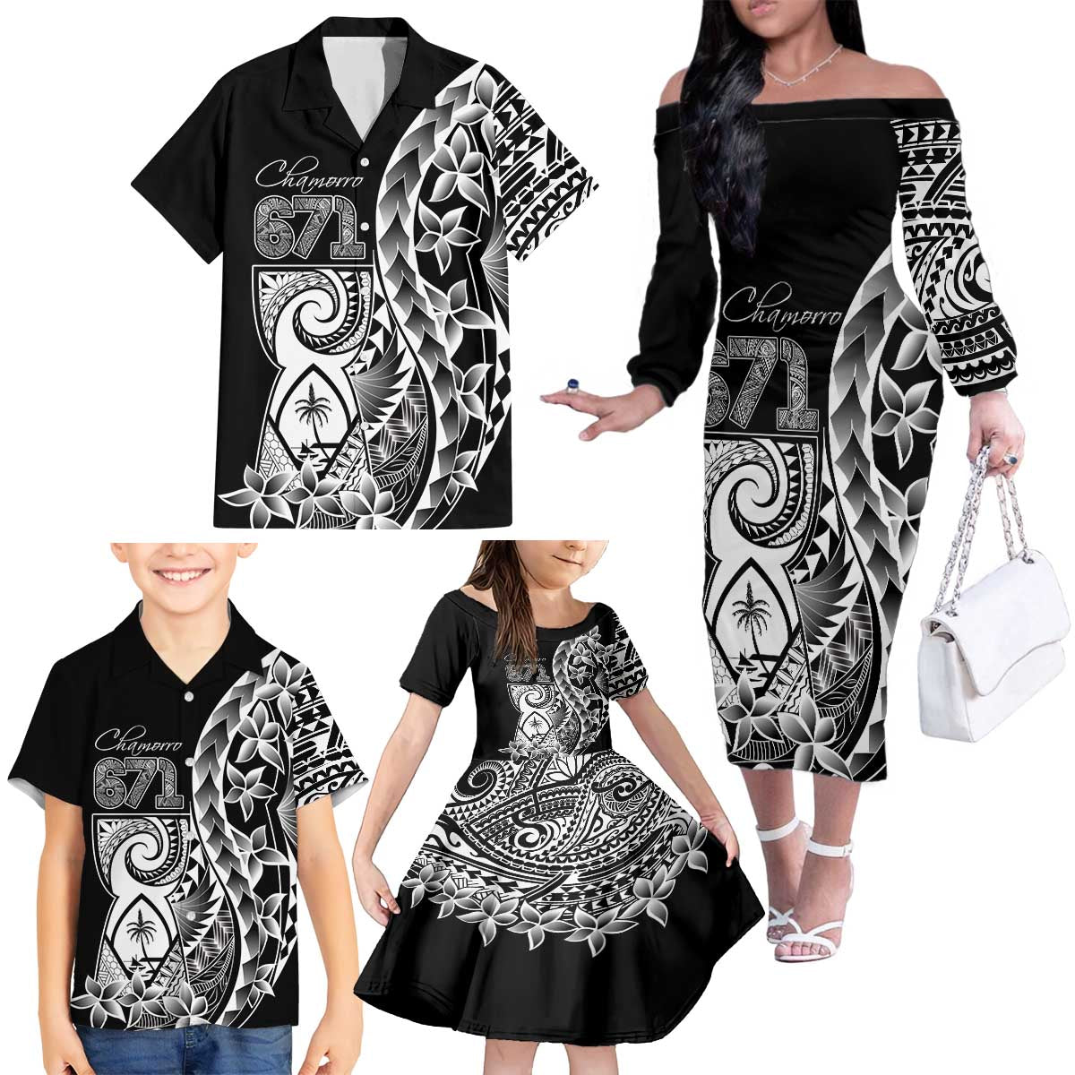 671 Guam Personalised Family Matching Off The Shoulder Long Sleeve Dress and Hawaiian Shirt Latte Stone Tribal LT9 - Polynesian Pride