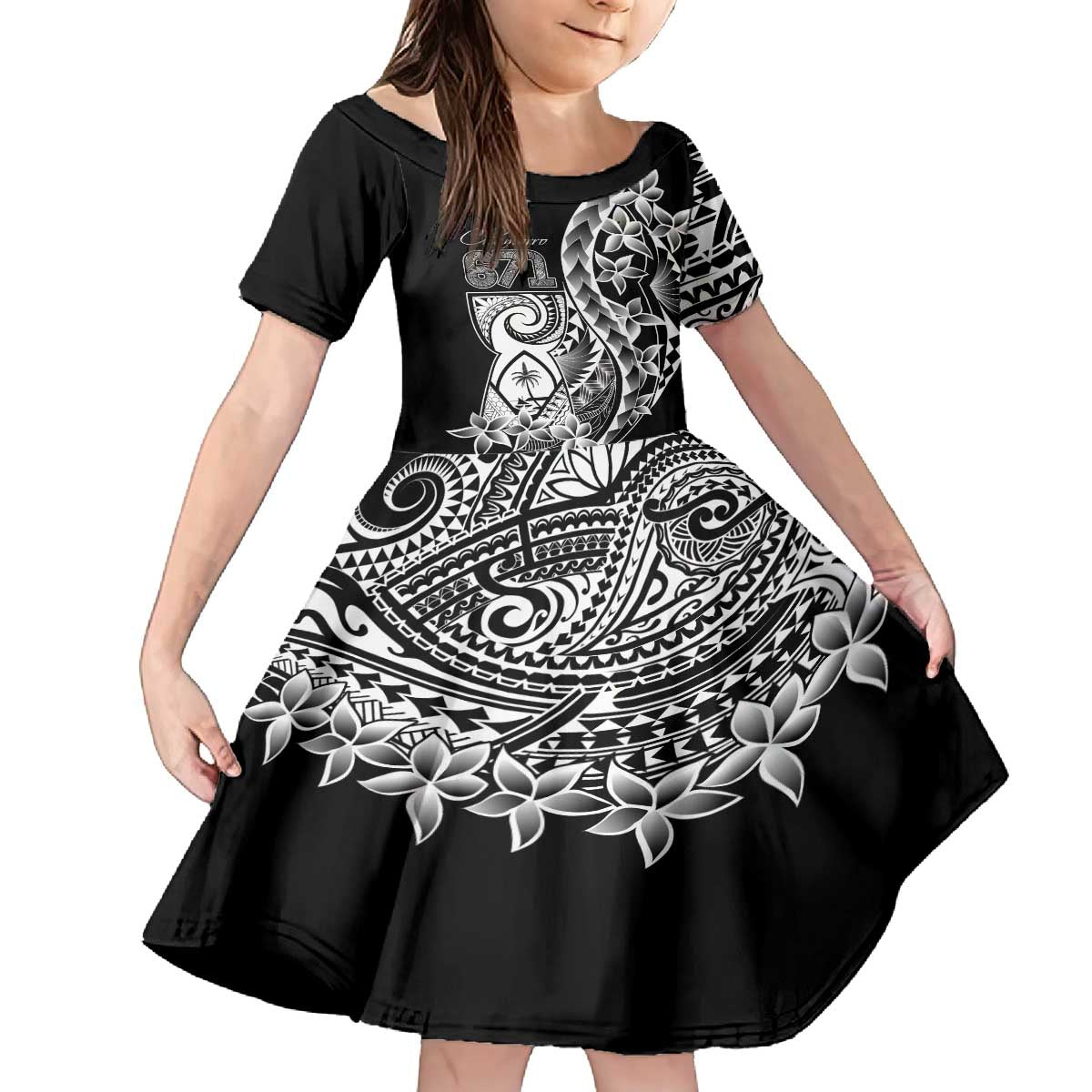 671 Guam Personalised Family Matching Puletasi and Hawaiian Shirt Latte Stone Tribal LT9 Daughter's Dress Black - Polynesian Pride