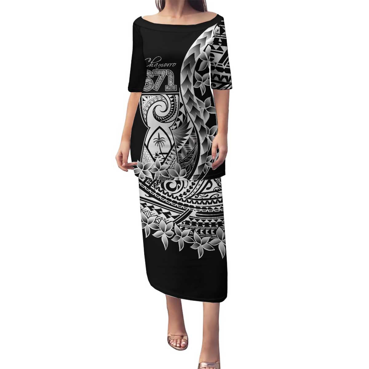 671 Guam Personalised Family Matching Puletasi and Hawaiian Shirt Latte Stone Tribal LT9 Mom's Dress Black - Polynesian Pride