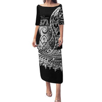 671 Guam Personalised Family Matching Puletasi and Hawaiian Shirt Latte Stone Tribal LT9 Mom's Dress Black - Polynesian Pride