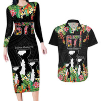 671 Guam Personalised Couples Matching Long Sleeve Bodycon Dress and Hawaiian Shirt Latte Stone and Tropical Flowers LT9 Black - Polynesian Pride