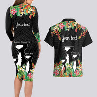 671 Guam Personalised Couples Matching Long Sleeve Bodycon Dress and Hawaiian Shirt Latte Stone and Tropical Flowers LT9 - Polynesian Pride