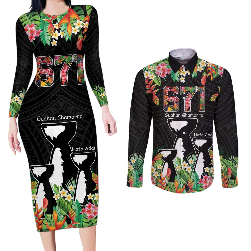 671 Guam Personalised Couples Matching Long Sleeve Bodycon Dress and Long Sleeve Button Shirt Latte Stone and Tropical Flowers LT9 Black - Polynesian Pride