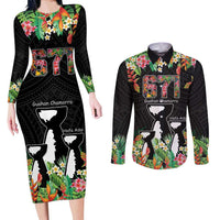 671 Guam Personalised Couples Matching Long Sleeve Bodycon Dress and Long Sleeve Button Shirt Latte Stone and Tropical Flowers LT9 Black - Polynesian Pride