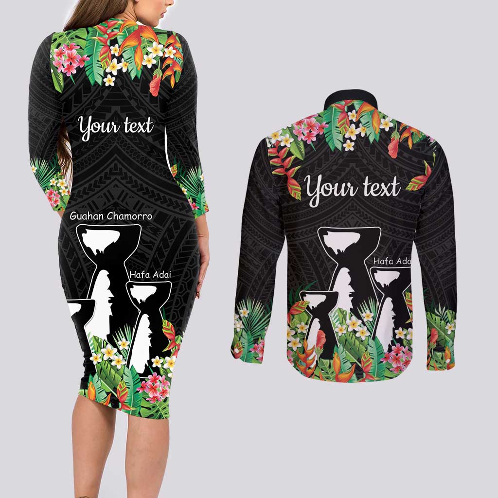 671 Guam Personalised Couples Matching Long Sleeve Bodycon Dress and Long Sleeve Button Shirt Latte Stone and Tropical Flowers LT9 - Polynesian Pride