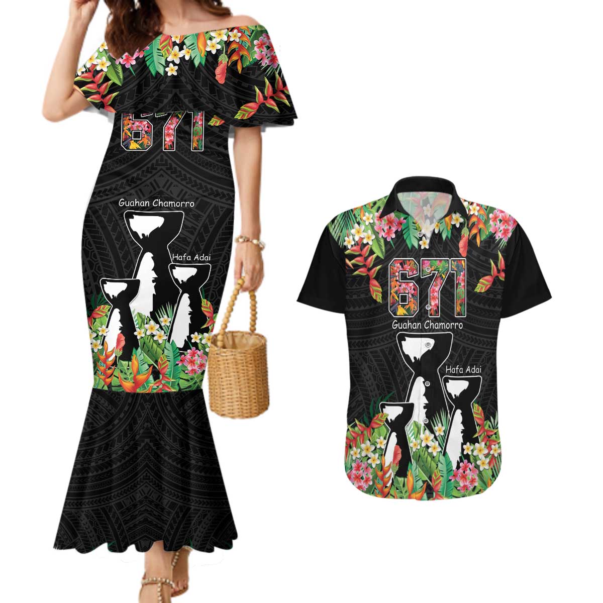 671 Guam Personalised Couples Matching Mermaid Dress and Hawaiian Shirt Latte Stone and Tropical Flowers LT9 Black - Polynesian Pride