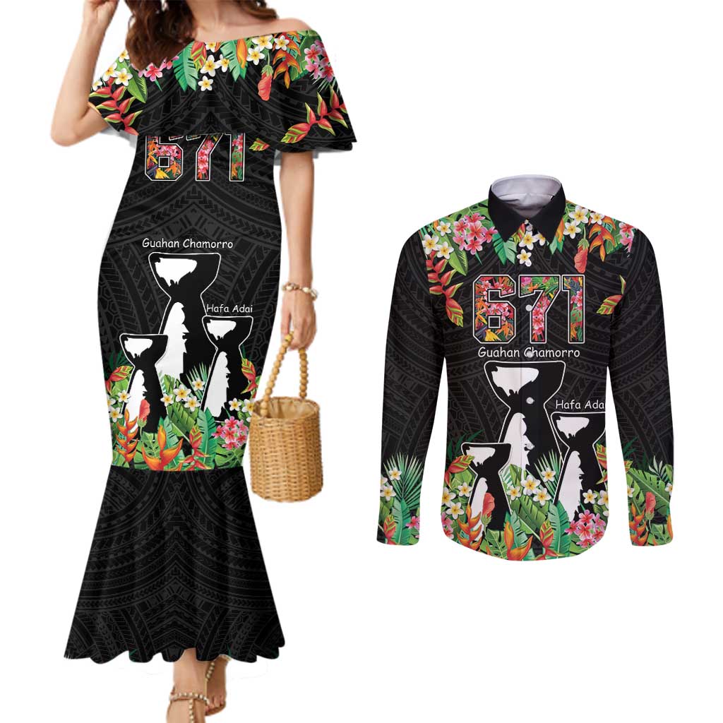 671 Guam Personalised Couples Matching Mermaid Dress and Long Sleeve Button Shirt Latte Stone and Tropical Flowers LT9 Black - Polynesian Pride