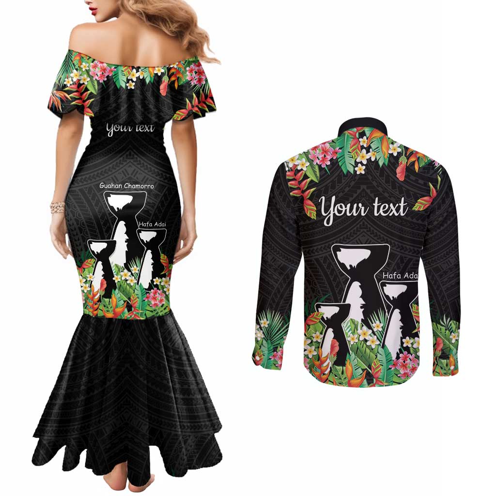 671 Guam Personalised Couples Matching Mermaid Dress and Long Sleeve Button Shirt Latte Stone and Tropical Flowers LT9 - Polynesian Pride