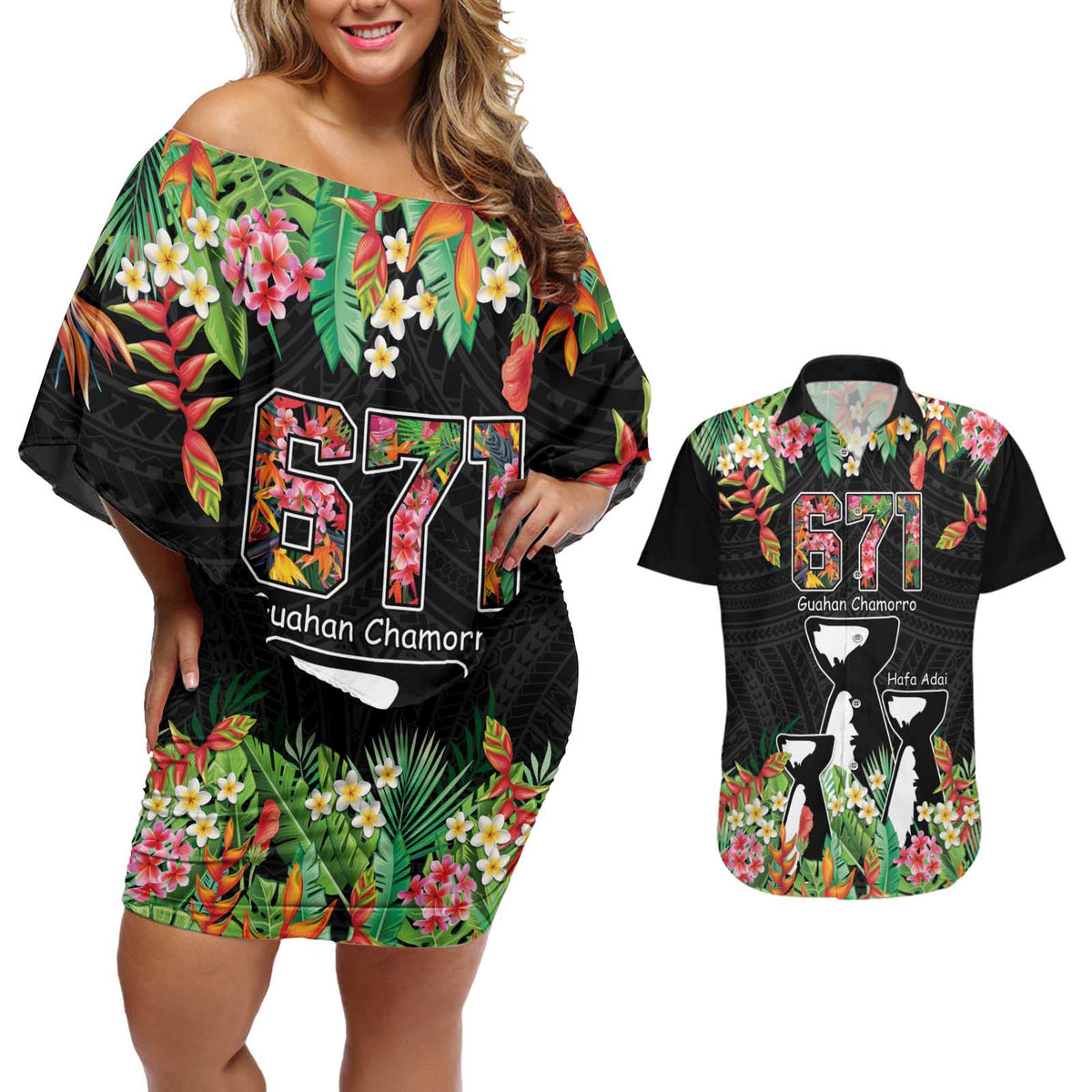 671 Guam Personalised Couples Matching Off Shoulder Short Dress and Hawaiian Shirt Latte Stone and Tropical Flowers LT9 Black - Polynesian Pride