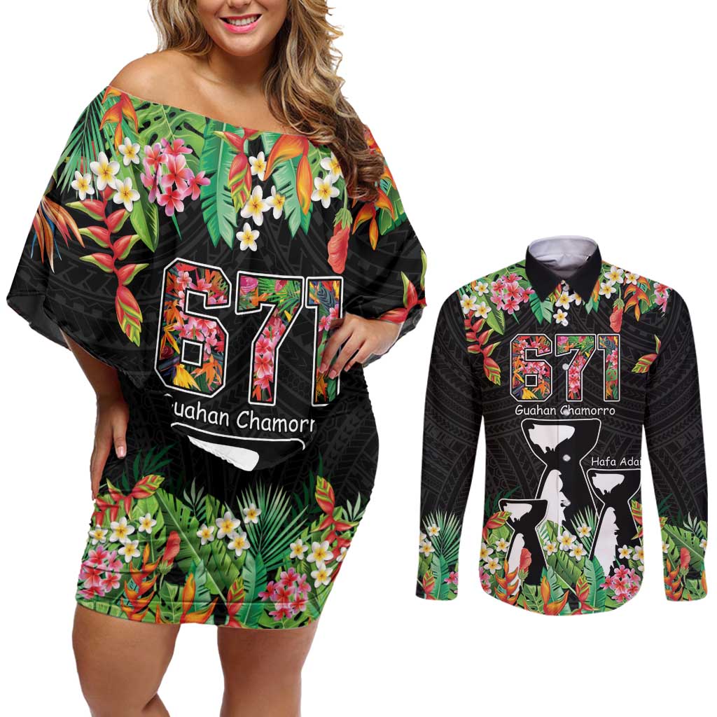 671 Guam Personalised Couples Matching Off Shoulder Short Dress and Long Sleeve Button Shirt Latte Stone and Tropical Flowers LT9 Black - Polynesian Pride