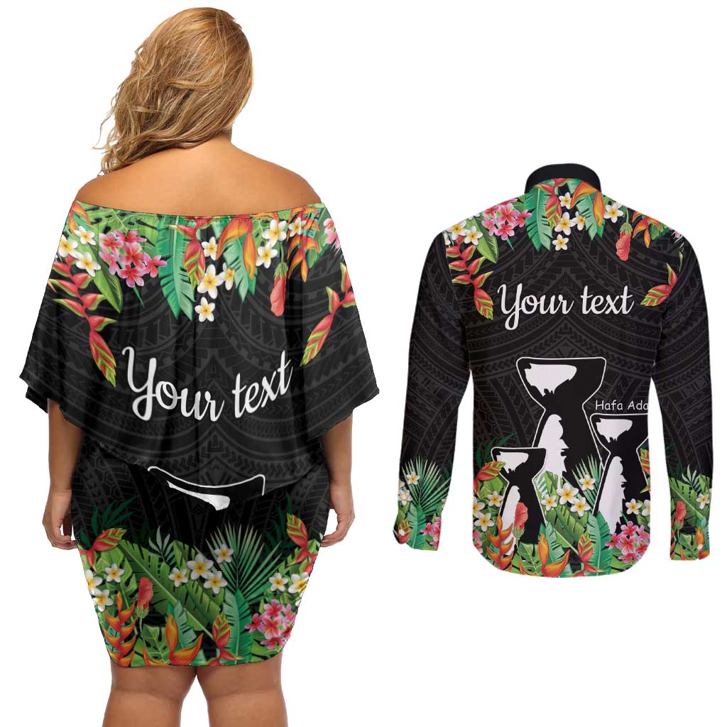 671 Guam Personalised Couples Matching Off Shoulder Short Dress and Long Sleeve Button Shirt Latte Stone and Tropical Flowers LT9 - Polynesian Pride