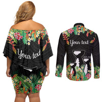 671 Guam Personalised Couples Matching Off Shoulder Short Dress and Long Sleeve Button Shirt Latte Stone and Tropical Flowers LT9 - Polynesian Pride