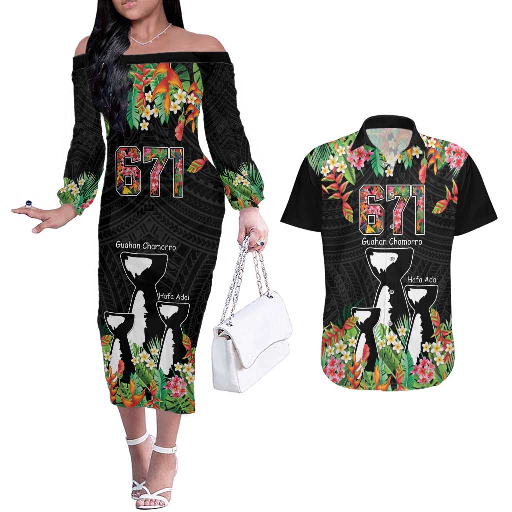 671 Guam Personalised Couples Matching Off The Shoulder Long Sleeve Dress and Hawaiian Shirt Latte Stone and Tropical Flowers LT9 Black - Polynesian Pride
